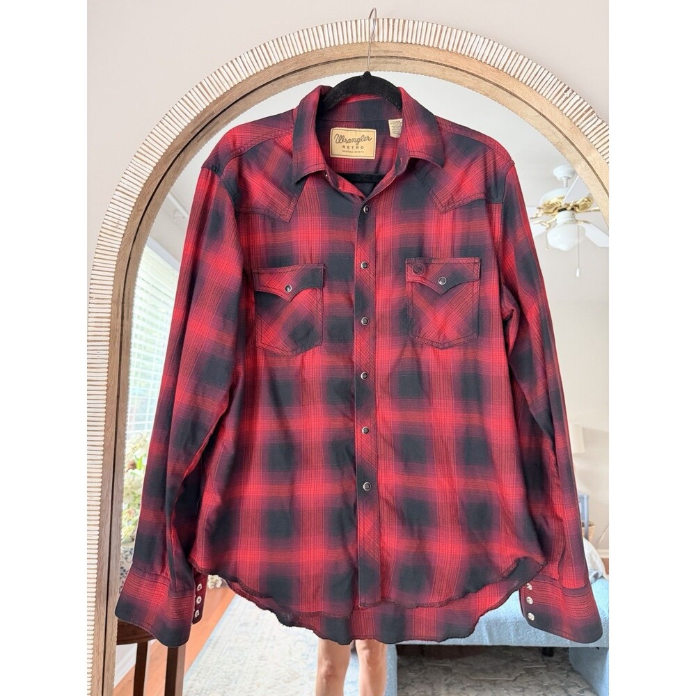 Wrangler Retro Western Shirt Mens Large Red black Plaid Pearl Snap MVR522R